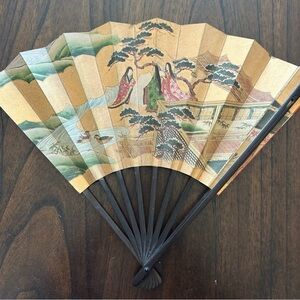 Vintage Japanese Folding Fan with Scenic Design